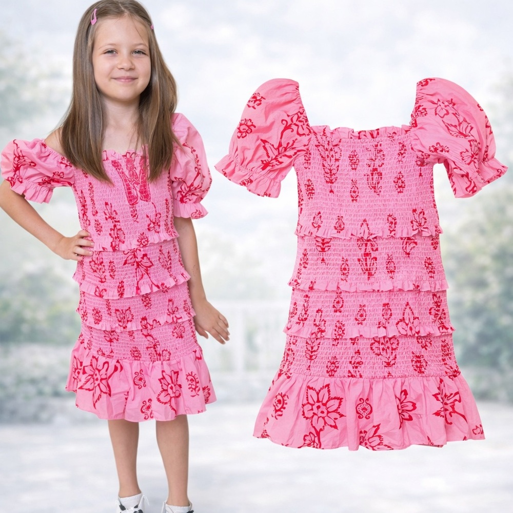 J.Marie Girls Scarlett Puff Sleeve Dress Floral Pink Size 7/8 NWT